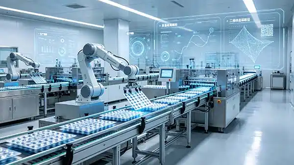 Futuristic pharmaceutical vial blister packaging line with digital overlays representing 2026 emerging technologies and Industry 4.0 integration