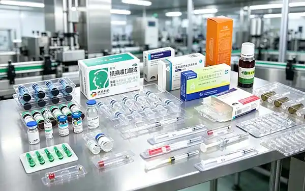 Finished pharmaceutical vial blister packaging with clear thermoformed cavities securing glass vials on a production line