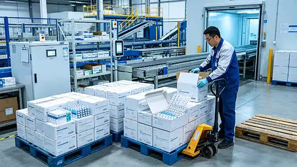 Compact vial blister packaging cartons stacked on pallets for global cold chain distribution and transport efficiency