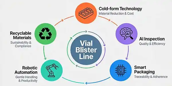 Conceptual integration diagram showing five emerging technologies converging on a vial blister packaging line for sustainability, quality, and efficiency