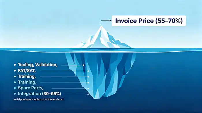 Iceberg diagram showing invoice price as visible tip and hidden costs including tooling validation integration and spare parts as submerged portion of total cost of ownership