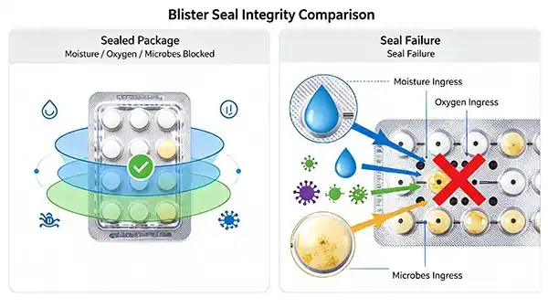 Left-right comparison of intact blister seal blocking moisture oxygen and microbes versus compromised seal allowing ingress and drug degradation